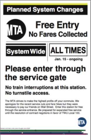 Fake MTA subway notices posted during the Occupy stunt