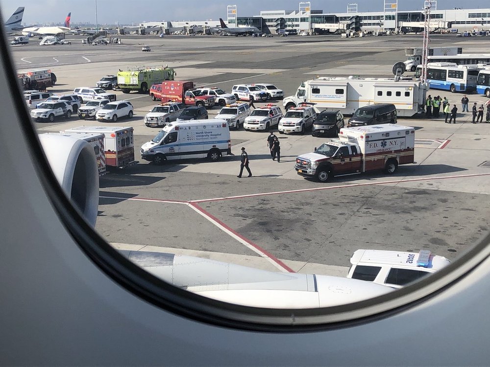 Emergency responders seen from the Emirates flight